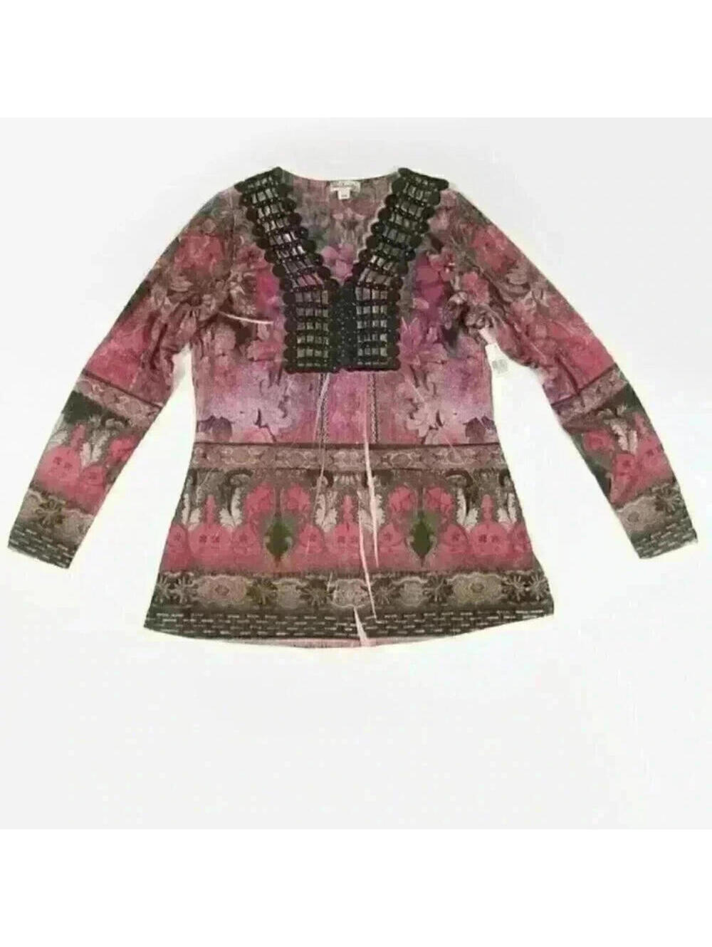 World Unity Boho Pink Tunic Top Medium NWT Black Crochet V-Neck Long Sleeves NEW